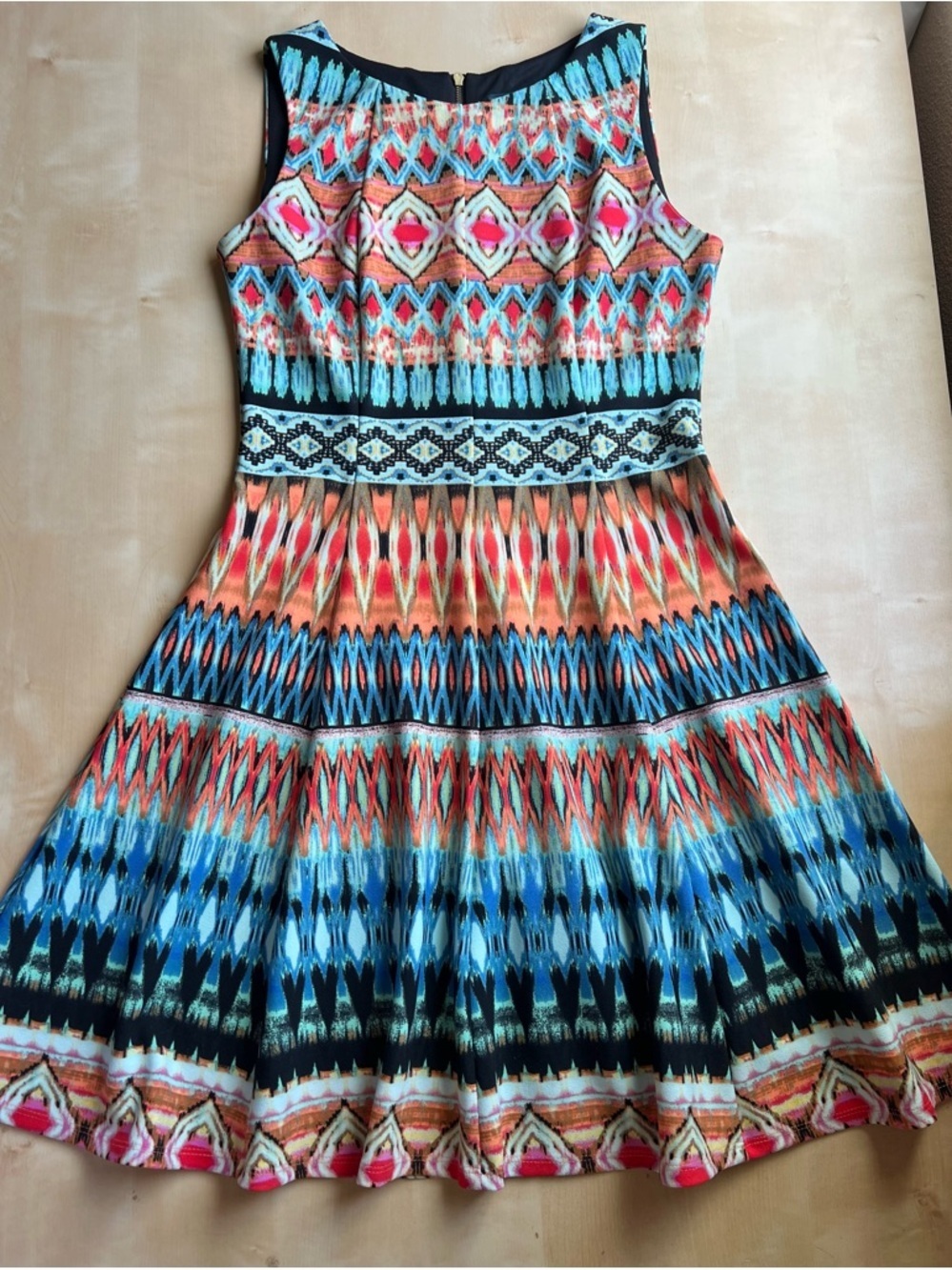 Gabby Skye Multicolor Boho Aztec Print Sleeveless Swing Dress - Turquoise, Coral - Picture 4 of 10